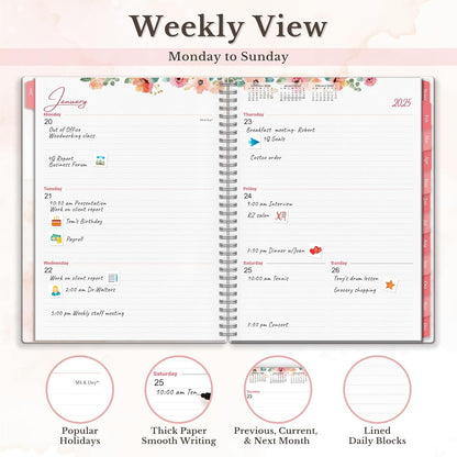 2025 Planner Book 8.5X11 (Floral), Jan to Dec 2025, Large Monthly Weekly Daily Planner, 2025 Calendar Notebook, 8X11 Agenda with Monthly Tabs