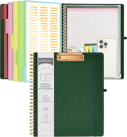 Foldable Spiral Clipboard Folio with Storage Zipper Pouch, 5 Plastic Folders with 10 Pockets,Refillable Lined Notepad (11" X 8.5"), Hardcover Project Organizer with 39 Stickers (Dark Green)