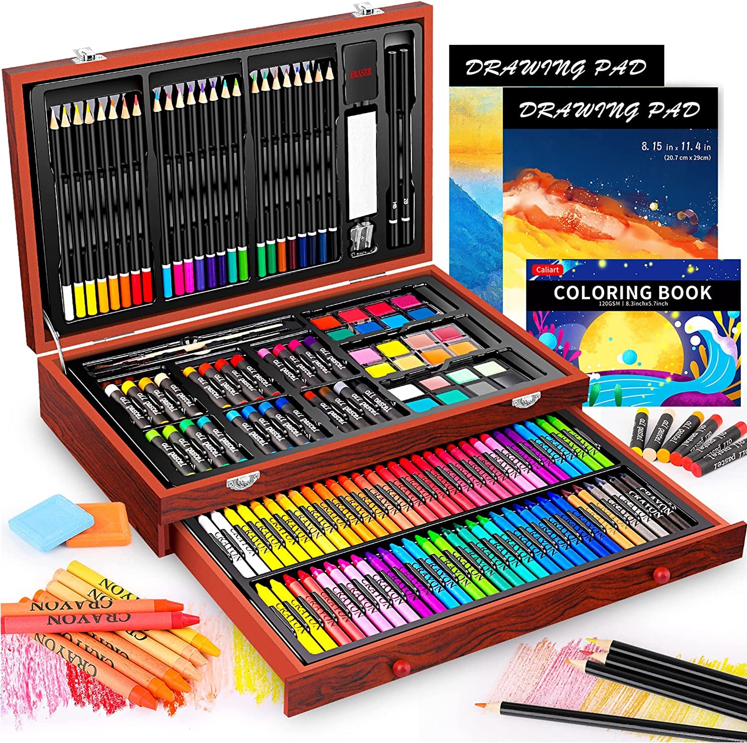 Art Supplies, 153-Pack Deluxe Wooden Art Set Crafts Drawing Painting Coloring Supplies Kit with 2 A4 Sketch Pads, Halloween Creative Gift Box for Adults Artist Beginners Kids Girls Boys