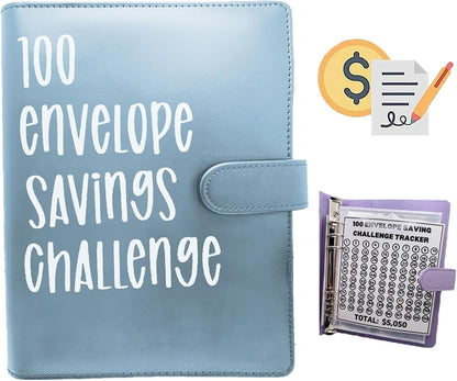 100 Envelope Challenge Binder, Savings Challenges Sheets，Easy and Fun Way to save $5,050, Budget Binder with Cash Envelopes, Savings Challenges Binder, Budget Planner Book Budgeting (Mint Blue)