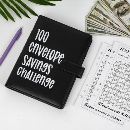 100 Envelopes Money Saving Challenge Binder, Easy and Fun Way to save $5,050, A5 Budget Book with Cash Envelopes Kit,Black,White