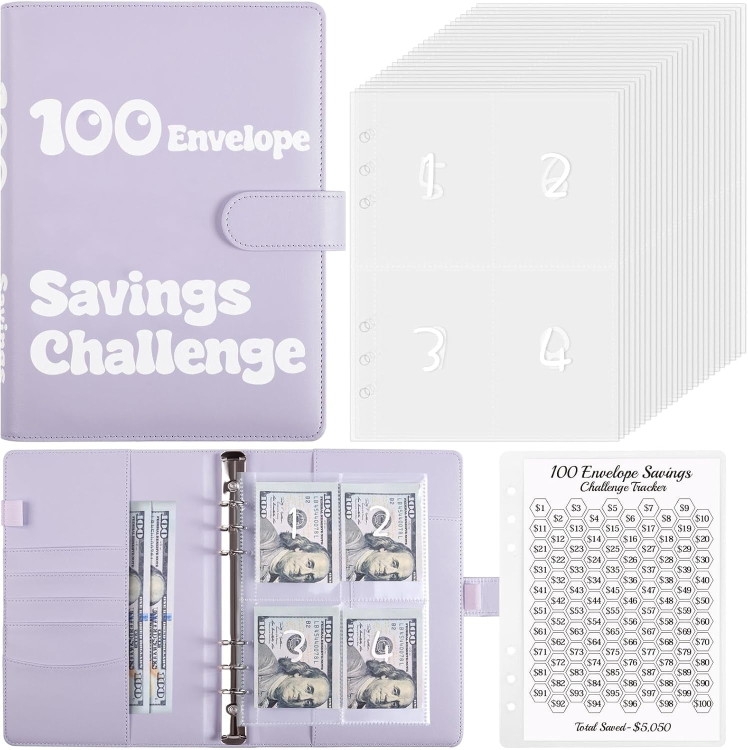 100 Envelopes Money Saving Challenge Binder, A5 Money Saving Budget Binder with Cash Envelopes, Savings Challenges Book for Planning and Saving $5050, Light Purple