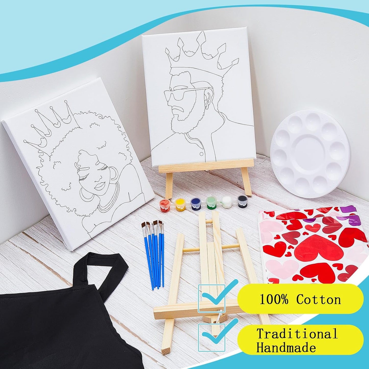 13 Pcs Sip and Paint Kit Valentines Couple Painting Kit Supplies Canvas Painting Art Painting Set Pre Drawn Blank Stretch Canvas Kit for Couple Date Night Party (Afro King Queen,8X10)