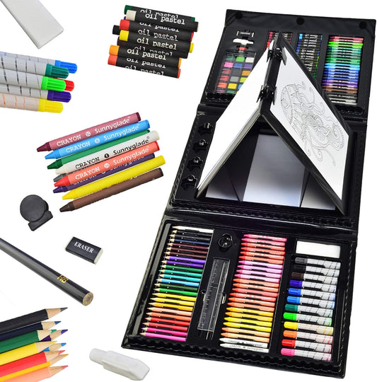 185 Pieces Double Sided Trifold Easel Art Set, Drawing Art Box with Oil Pastels, Crayons, Colored Pencils, Markers, Paint Brush, Watercolor Cakes, Sketch Pad