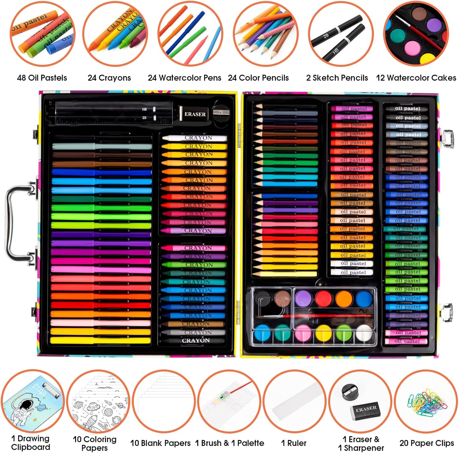 Art Supplies, 180 Piece Drawing Painting Art Kit with Clipboard and Coloring Papers, Gifts Art Set Case with Oil Pastels, Crayons, Colored Pencils, Watercolor Cakes