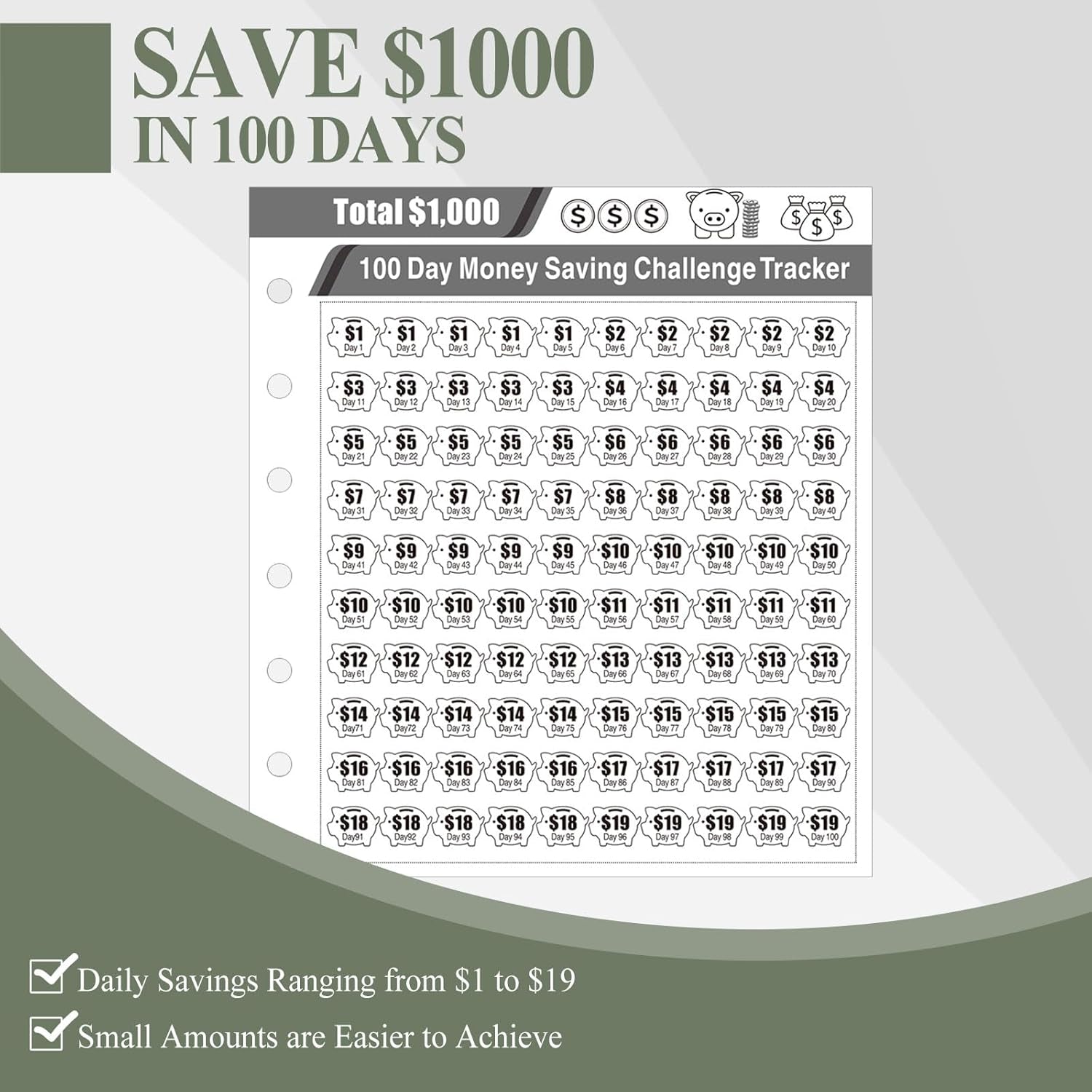 100 Envelopes Money Saving Challenge, Small 1000 Savings Challenge Binder with Cash Envelopes, Budget Binder for Budgeting and Organizing, Easy & Funny Way to save $1000, Green