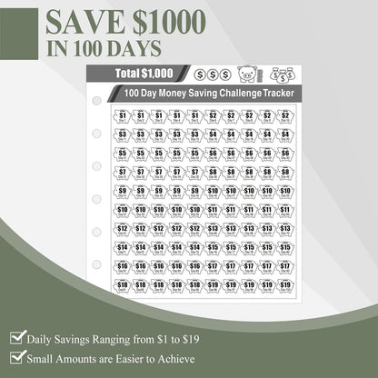 100 Envelopes Money Saving Challenge, Small 1000 Savings Challenge Binder with Cash Envelopes, Budget Binder for Budgeting and Organizing, Easy & Funny Way to save $1000, Green