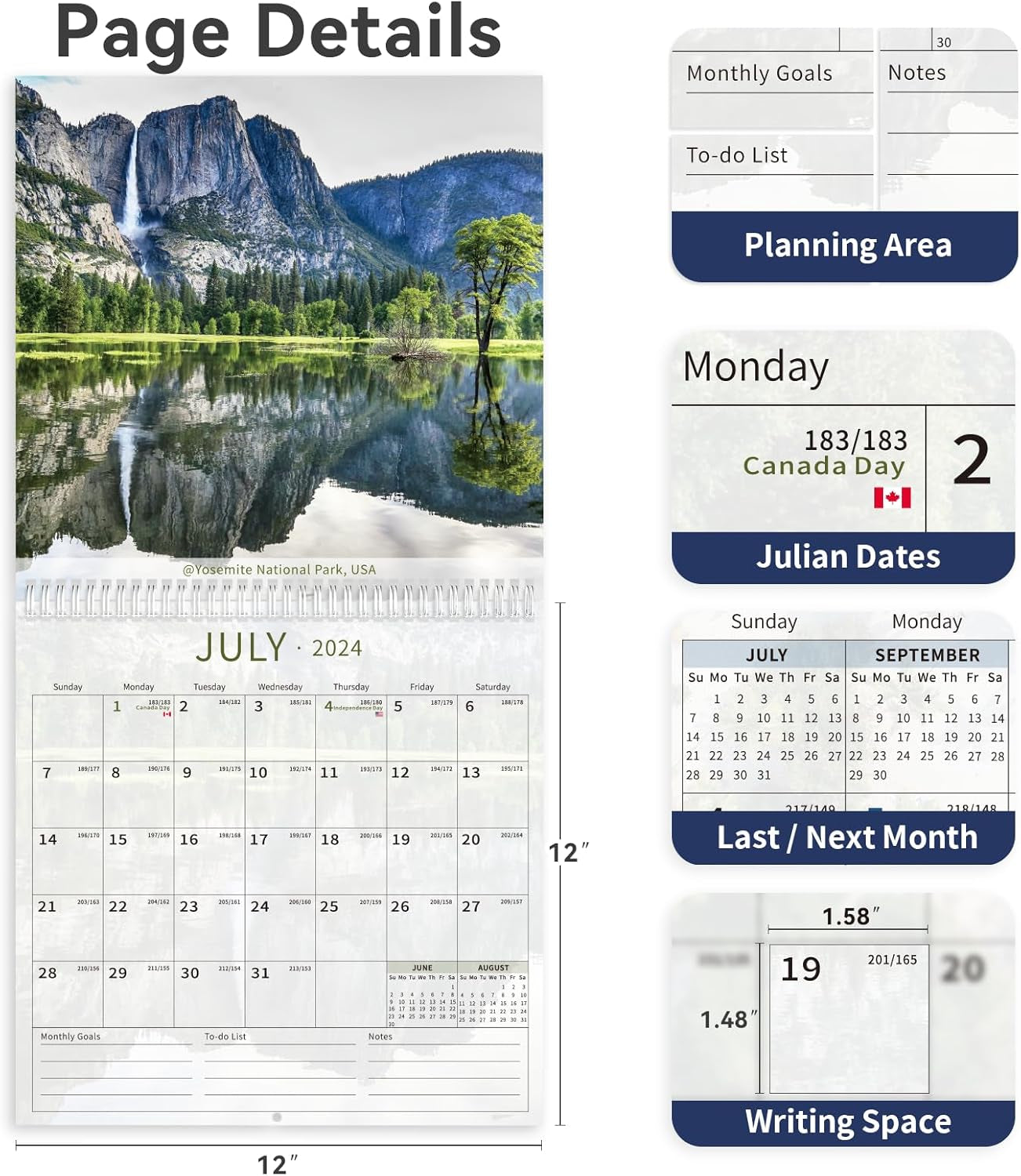 Calendar 2024-2025, 18 Month Wall Calendar from July 2024 to December 2025, 12"X12" Hanging Calendar with Spiral Bound, Stickers, National Park