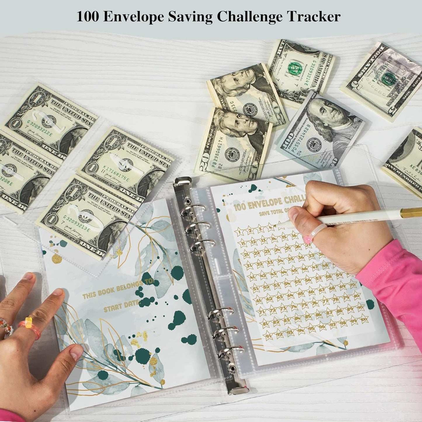 100 Envelope Savings Challenge Binder, Budget Binder for Planning and Saving $5050, Daily Savings Planner, Easy and Fun Way to save $5,050, Greenery