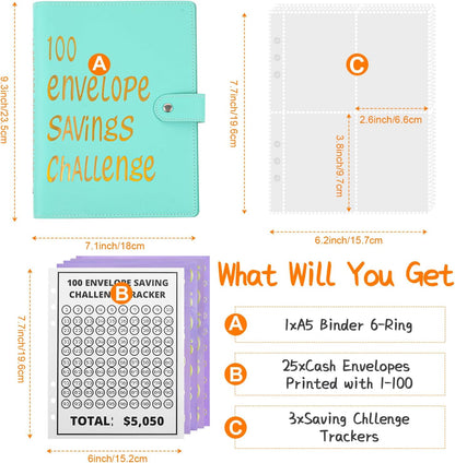 100 Envelopes Challenge Binder,A5 Money Saving Budget Binder with Cash Envelopes- Money Saving Binder Savings Challenges Book to save $5,050 Budget Planner for Budgeting Planner Saving Money