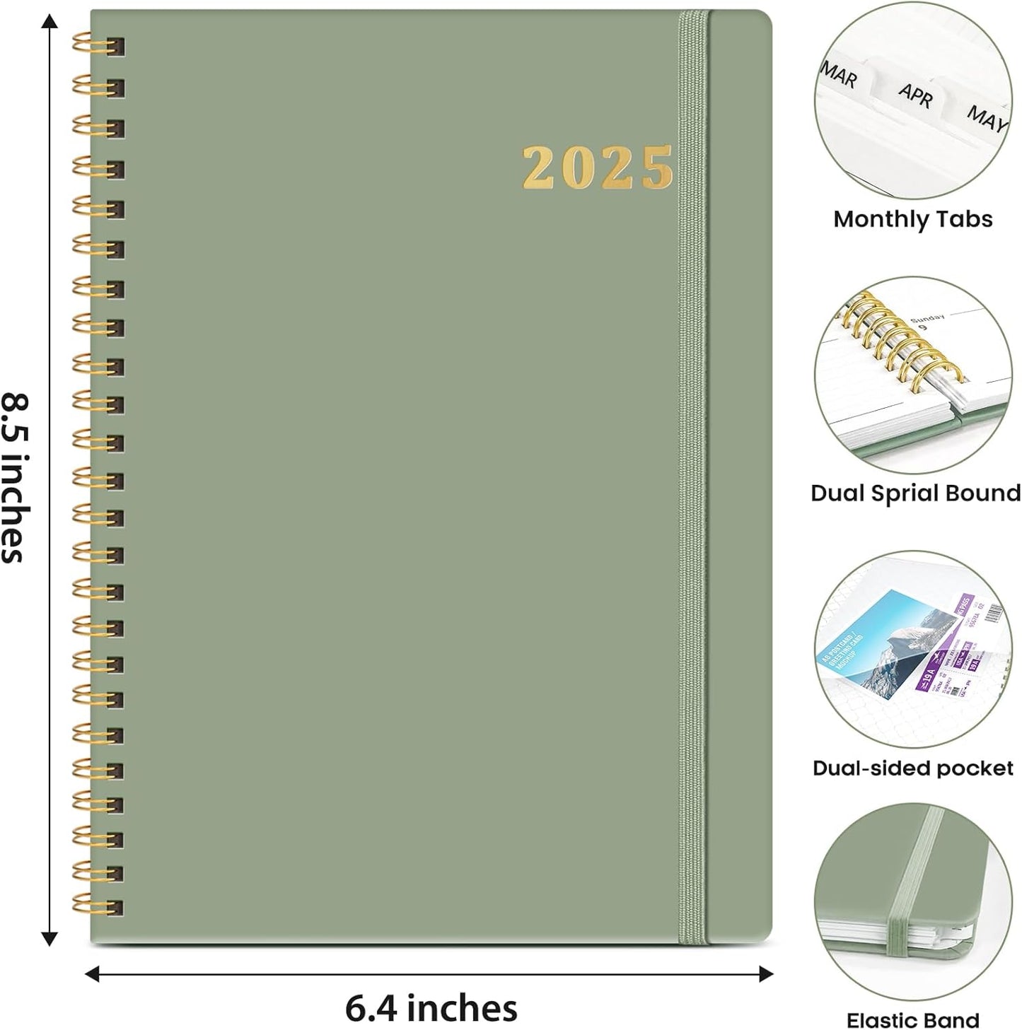 2025 Planner, Weekly and Monthly Calendar Planner Book, January 2025 - December 2025, Hardcover Planner 2025 with Monthly Tabs, Notes Pages, Spiral Bound, Inner Pocket, A5 (6.4" X 8.5") - Green