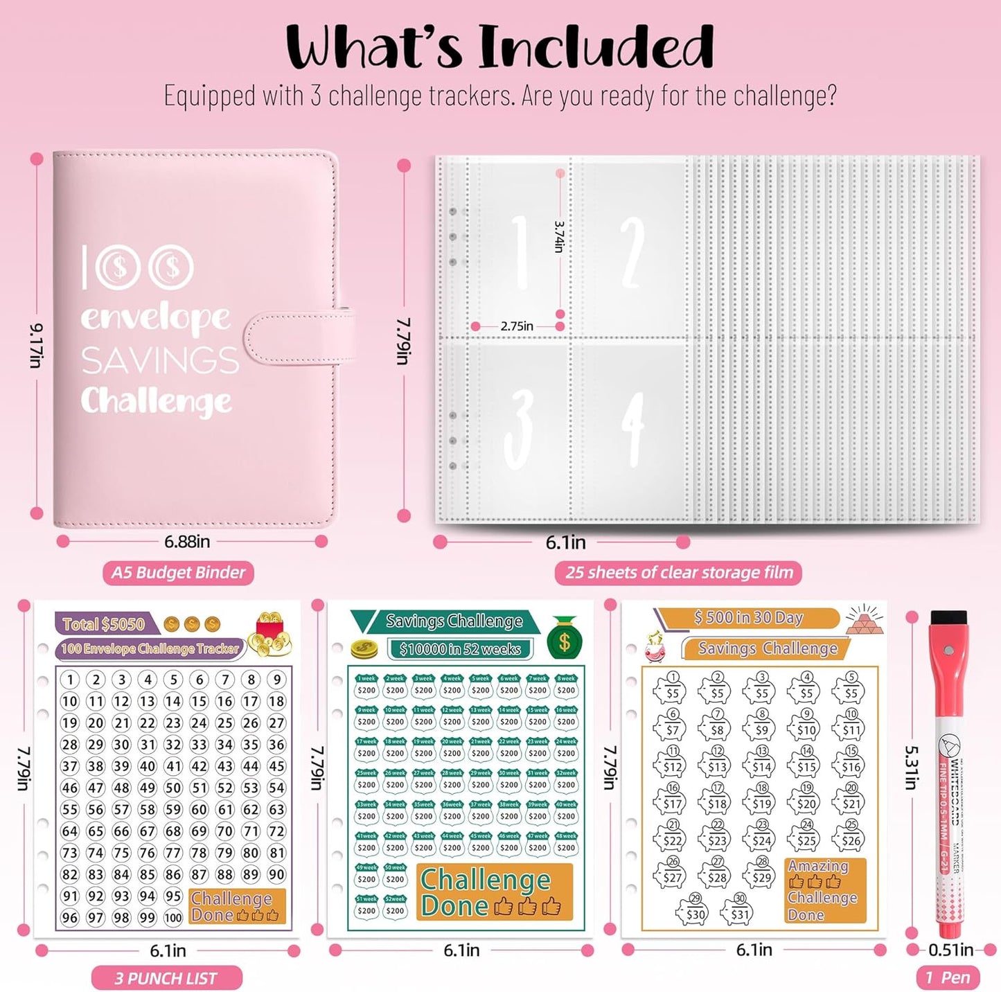 100 Envelopes Money Saving Challenge, A5 Savings Challenges Book Budget Binder with Cash Envelopes Erasable Tracker, Easy and Fun Way to save $500 $5050 $10000 (Pink)