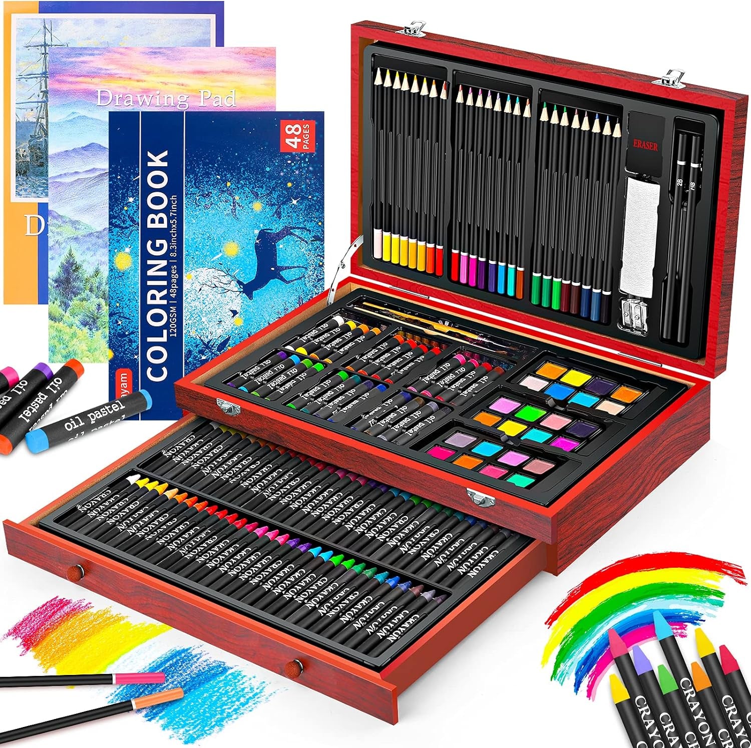 Art Supplies, Back to School Supplies,  150-Pack Deluxe Wooden Art Set Crafts Drawing Painting Kit with 1 Coloring Book, 2 Sketch Pads, Gift Box for Adults Artist Beginners Kids Teens Girls Boys