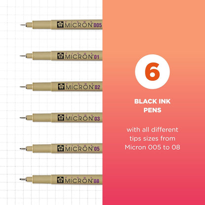 Pigma Micron Fineliner Pens - Archival Black Ink Pens - Pens for Writing or Drawing - Holiday Gifts for Artists, Crafters & DIY Gifts Projects - Assorted Point Sizes - 6 Count