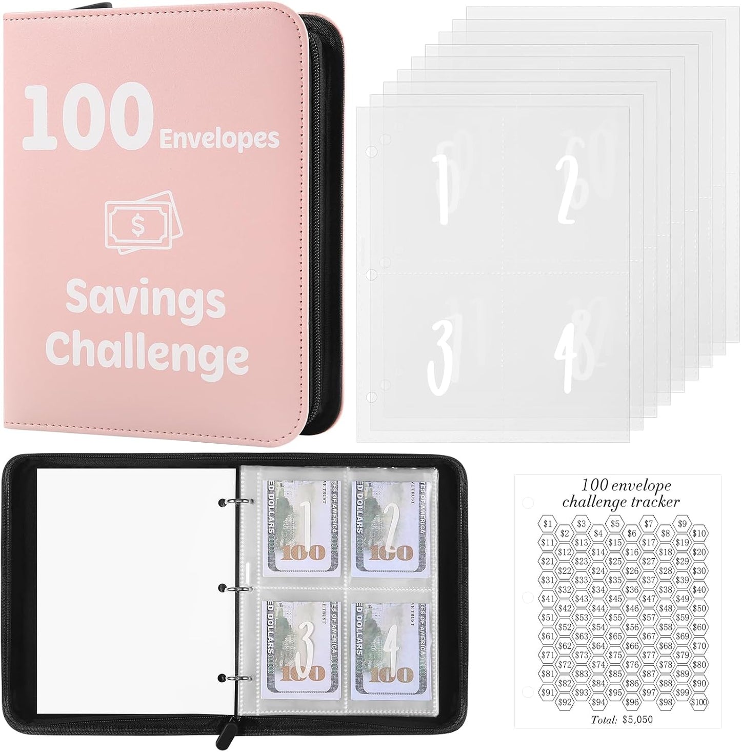 100 Envelopes Money Saving Challenge Binder with Laminated Tracker, Money Saving Challenge Budget Binder with Cash Envelopes, Savings Challenge Book with Zipper to save $5,050 (Pink)