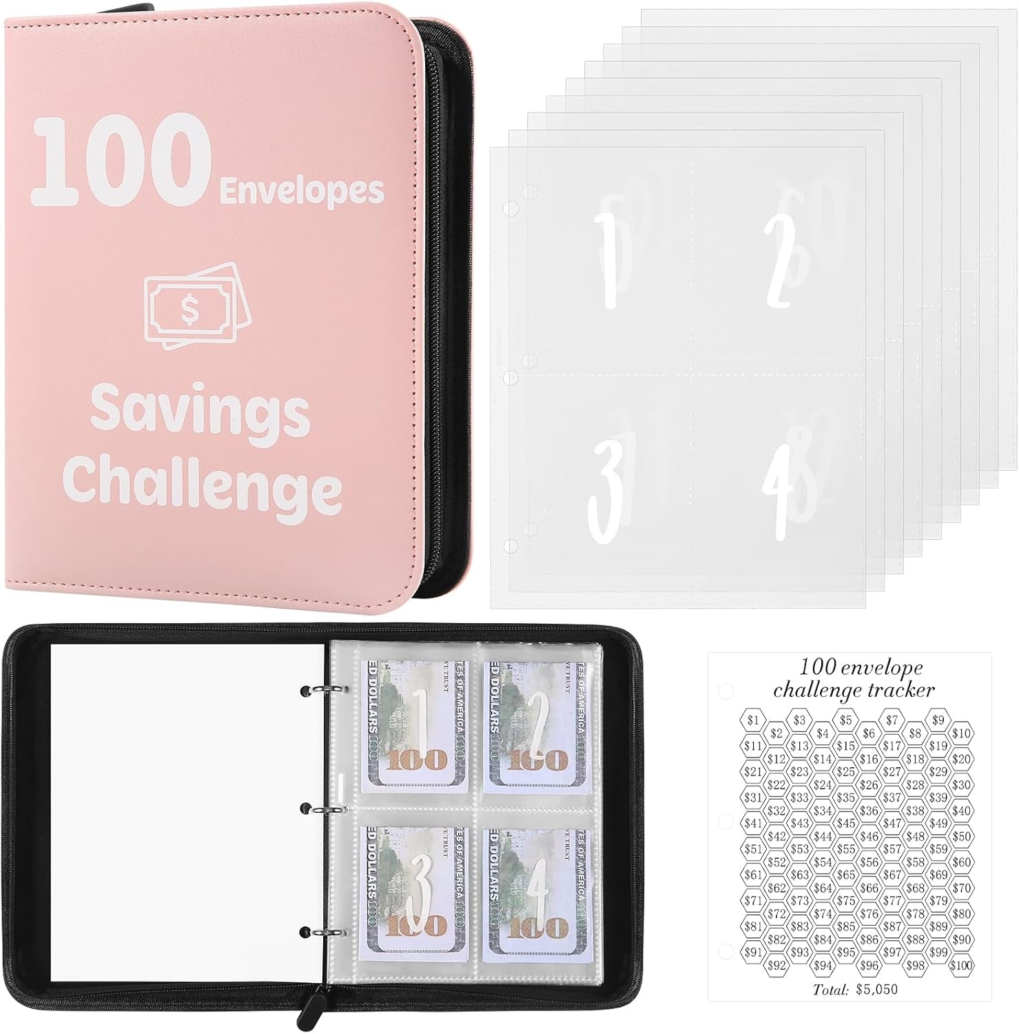 100 Envelopes Money Saving Challenge Binder with Laminated Tracker, Money Saving Challenge Budget Binder with Cash Envelopes, Savings Challenge Book with Zipper to save $5,050 (Pink)