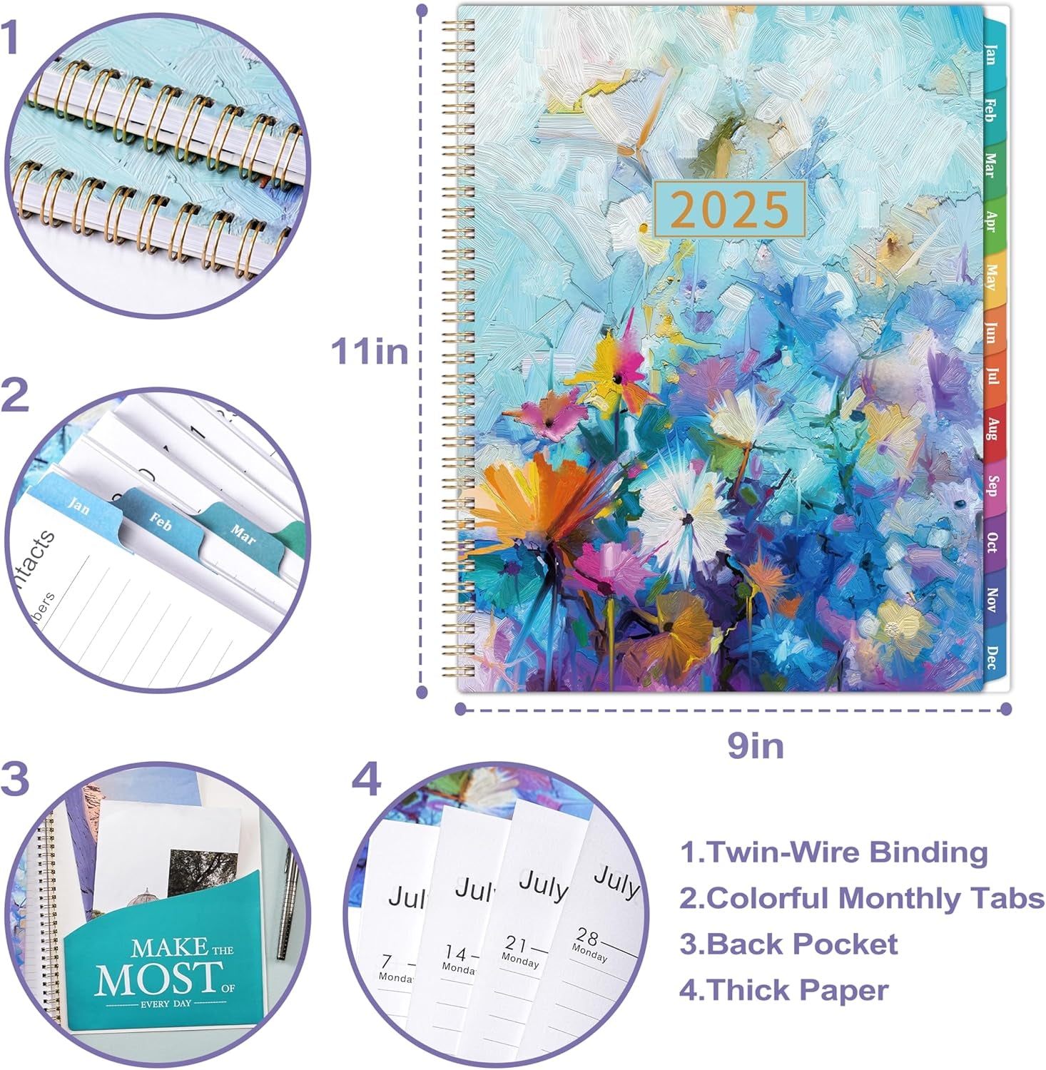 2025 Planner - 2025 Planner Weekly and Monthly, Planner 2025, 9" X 11", Jan 2025 - Dec 2025, Colorful Monthly Tabs, Twin-Wire Binding, Holidays, Back Pocket