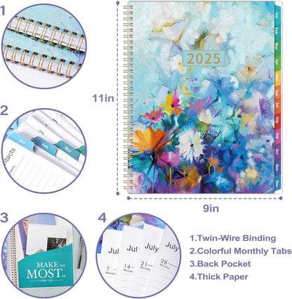 2025 Planner - 2025 Planner Weekly and Monthly, Planner 2025, 9" X 11", Jan 2025 - Dec 2025, Colorful Monthly Tabs, Twin-Wire Binding, Holidays, Back Pocket