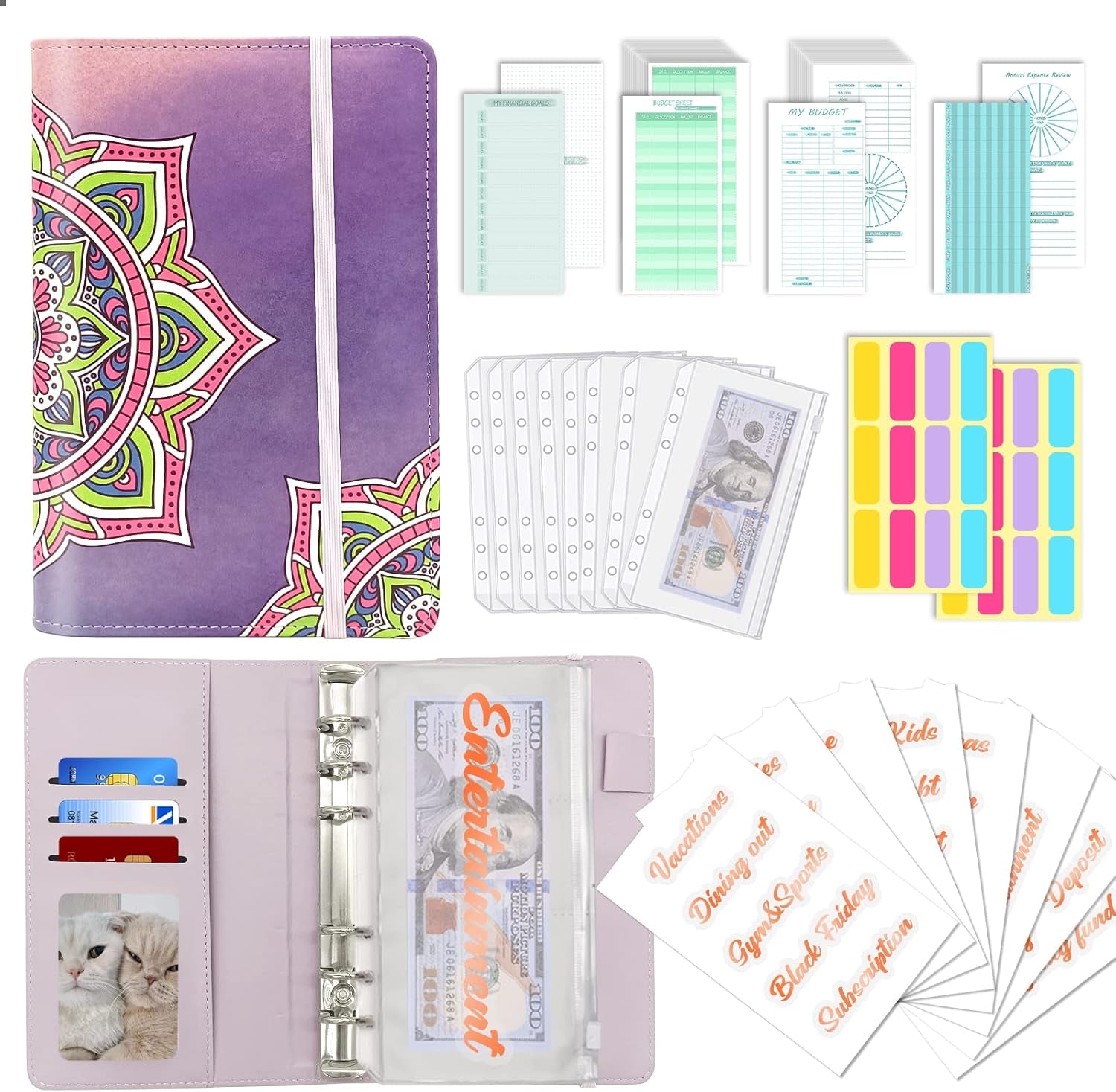 A6 Budget Binder with Zipper Envelopes, Money Bill Organizer for Cash, Money Planner with Cash Envelopes for Budgeting, Money Saving Binder(Purple Mandala)