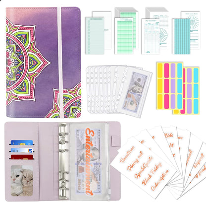 A6 Budget Binder with Zipper Envelopes, Money Bill Organizer for Cash, Money Planner with Cash Envelopes for Budgeting, Money Saving Binder(Purple Mandala)