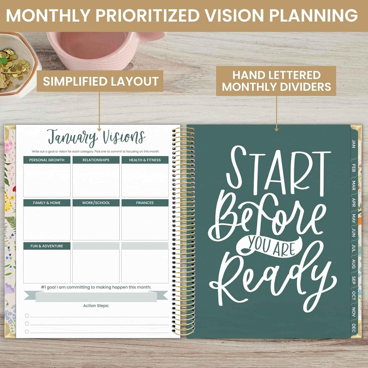 2025 Hardcover Calendar Year Goal & Vision Planner (January 2025 - December 2025) - Monthly/Weekly Column View Agenda Organizer - 7.5" X 9" - Garden Party, Beige