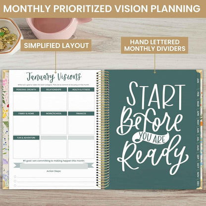 2025 Hardcover Calendar Year Goal & Vision Planner (January 2025 - December 2025) - Monthly/Weekly Column View Agenda Organizer - 7.5" X 9" - Garden Party, Beige