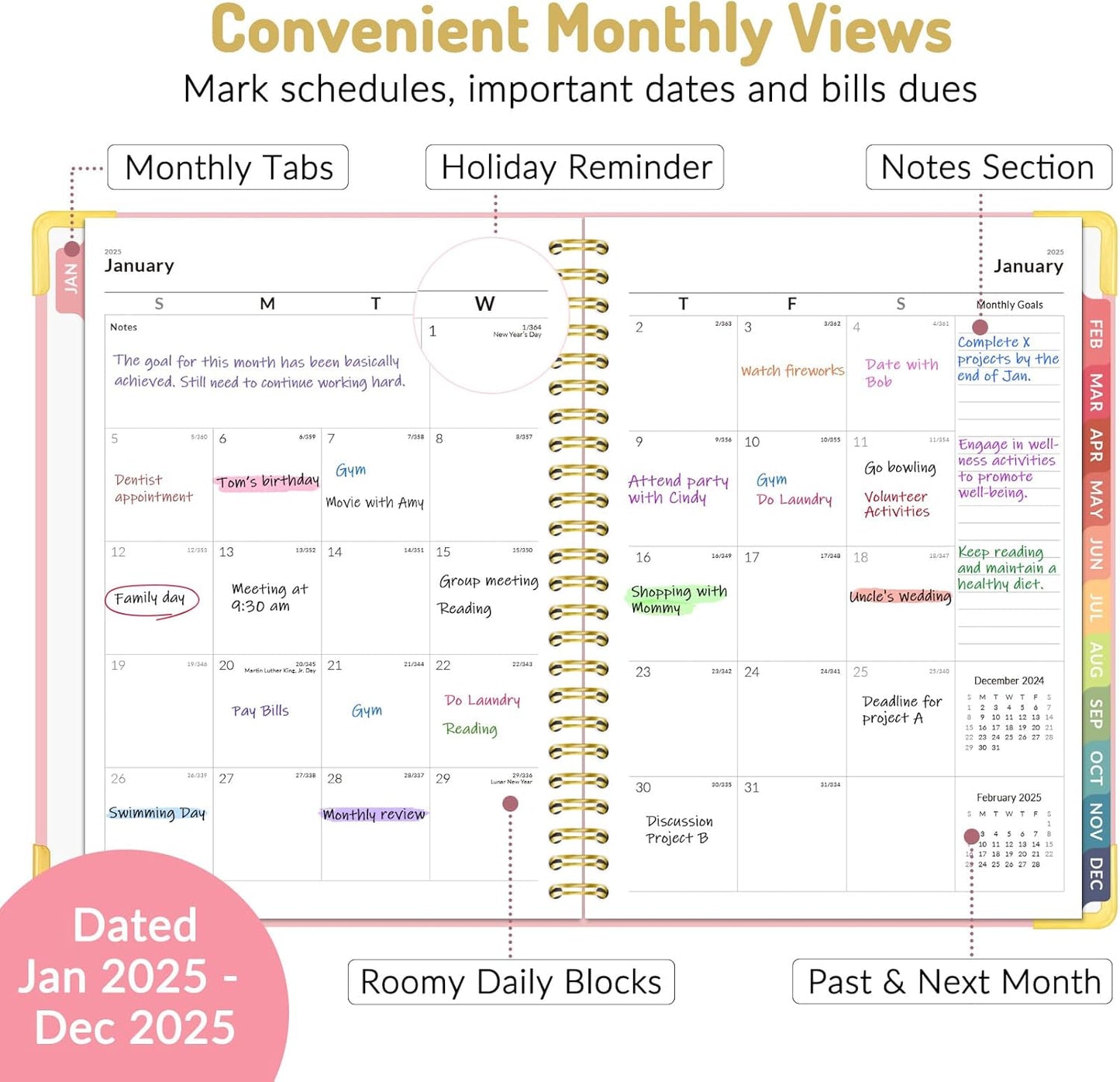 2025 Planner, Hardcover Weekly and Monthly Planner, January 2025 - December 2025, 6" X 8", Spiral Calendar Planner with Tabs, Exquisite Daily Organizer Notebook with Inner Pocket, Agenda Journal for Office Home School, A5 Size, Pink