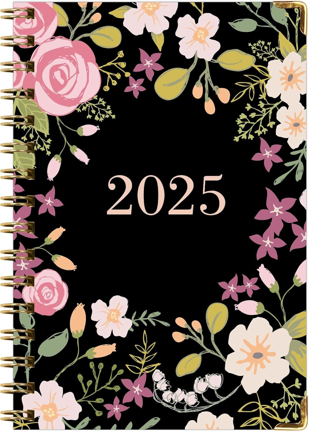 HARDCOVER 2025 Planner, 5.5"X8": 14 Months (November 2024 - December 2025), Daily Weekly Monthly Planner, Yearly Agenda, Bookmark, Pocket Folder and Sticky Note Set (Black Floral Pink)