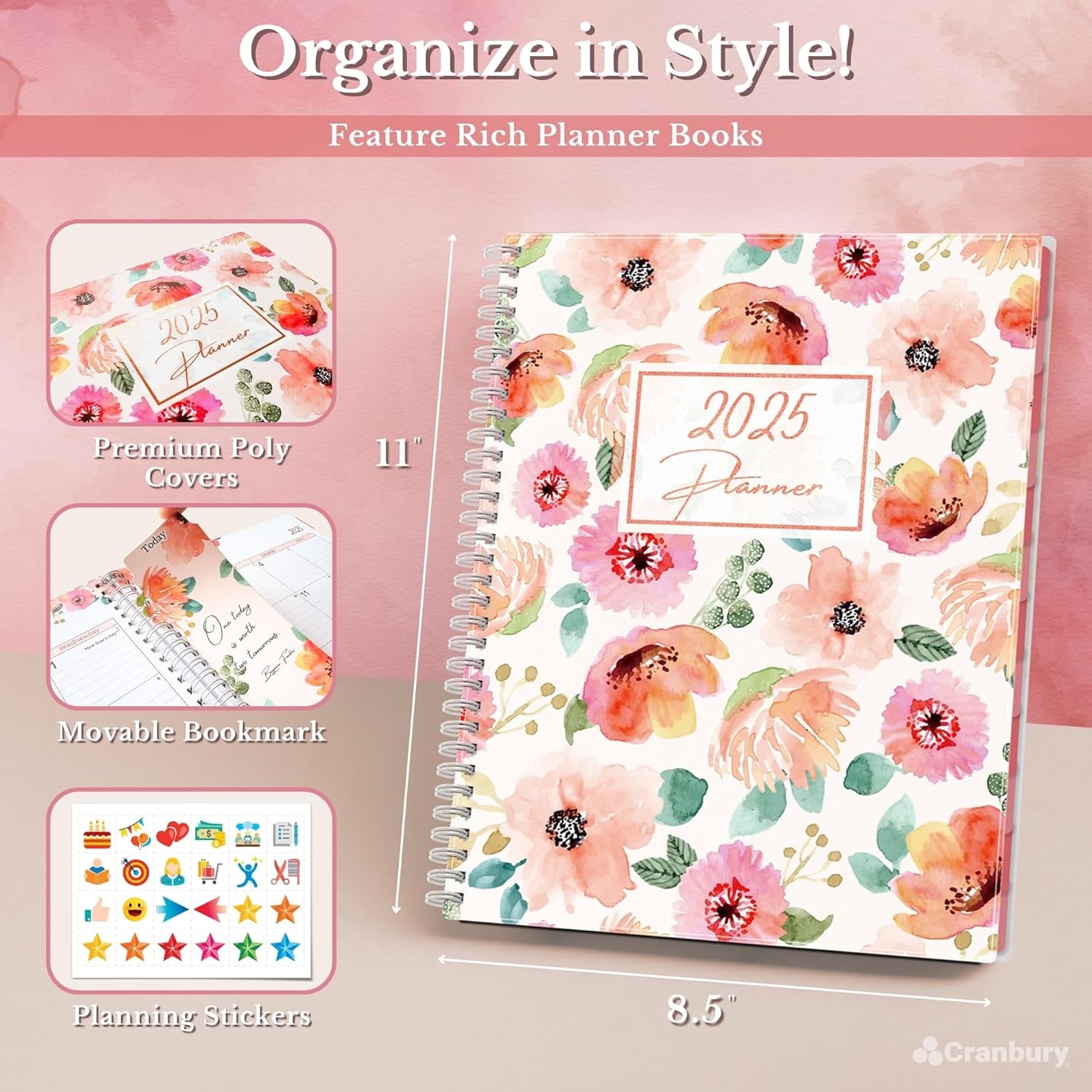 2025 Planner Book 8.5X11 (Floral), Jan to Dec 2025, Large Monthly Weekly Daily Planner, 2025 Calendar Notebook, 8X11 Agenda with Monthly Tabs