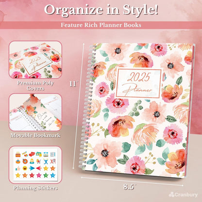 2025 Planner Book 8.5X11 (Floral), Jan to Dec 2025, Large Monthly Weekly Daily Planner, 2025 Calendar Notebook, 8X11 Agenda with Monthly Tabs