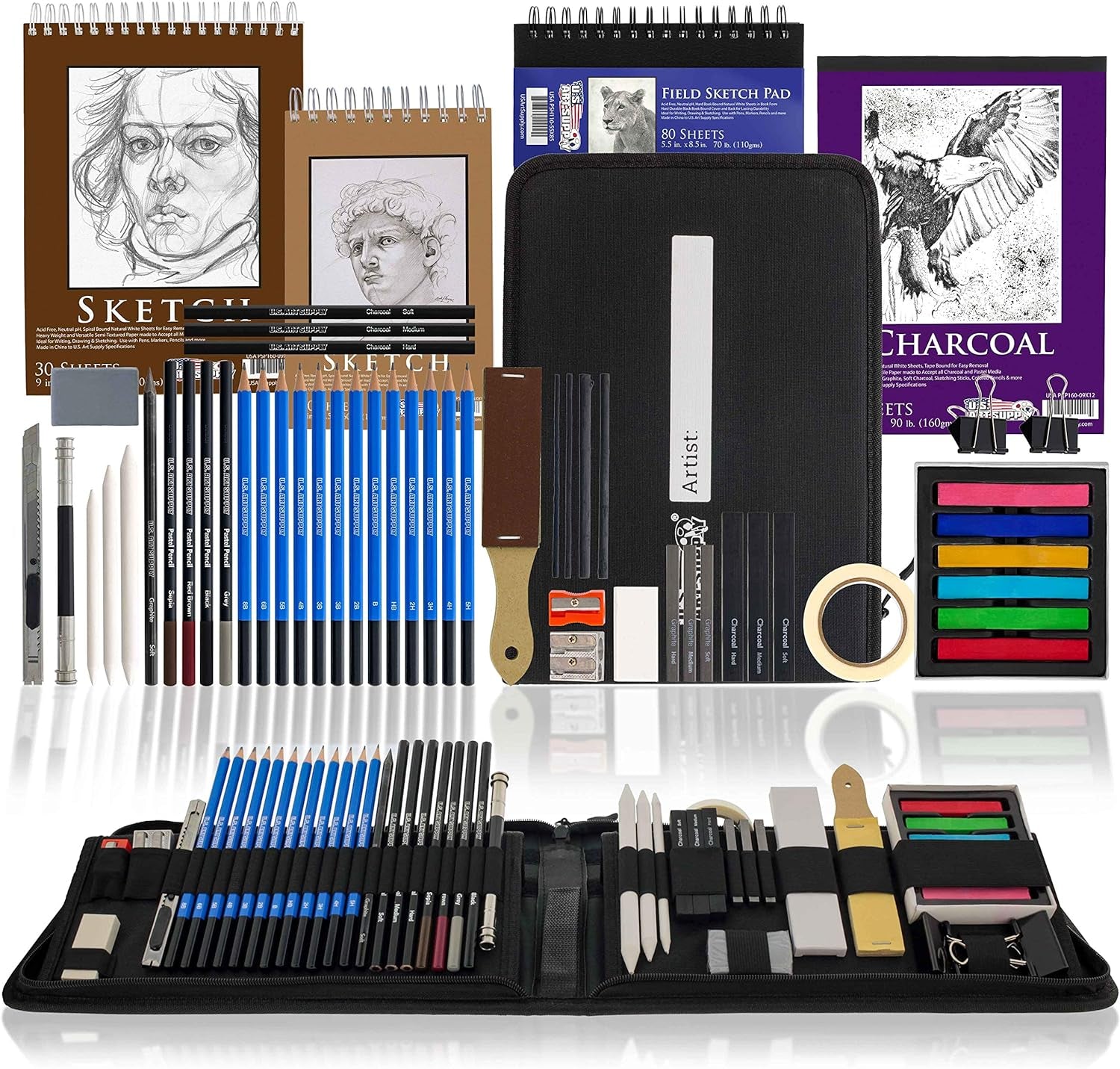 54-Piece  Drawing & Sketching Set with 4 Sketch Pads - Ultimate Artist Kit with Graphite, Charcoal, Pastels, Erasers in Pop-Up Carry Case