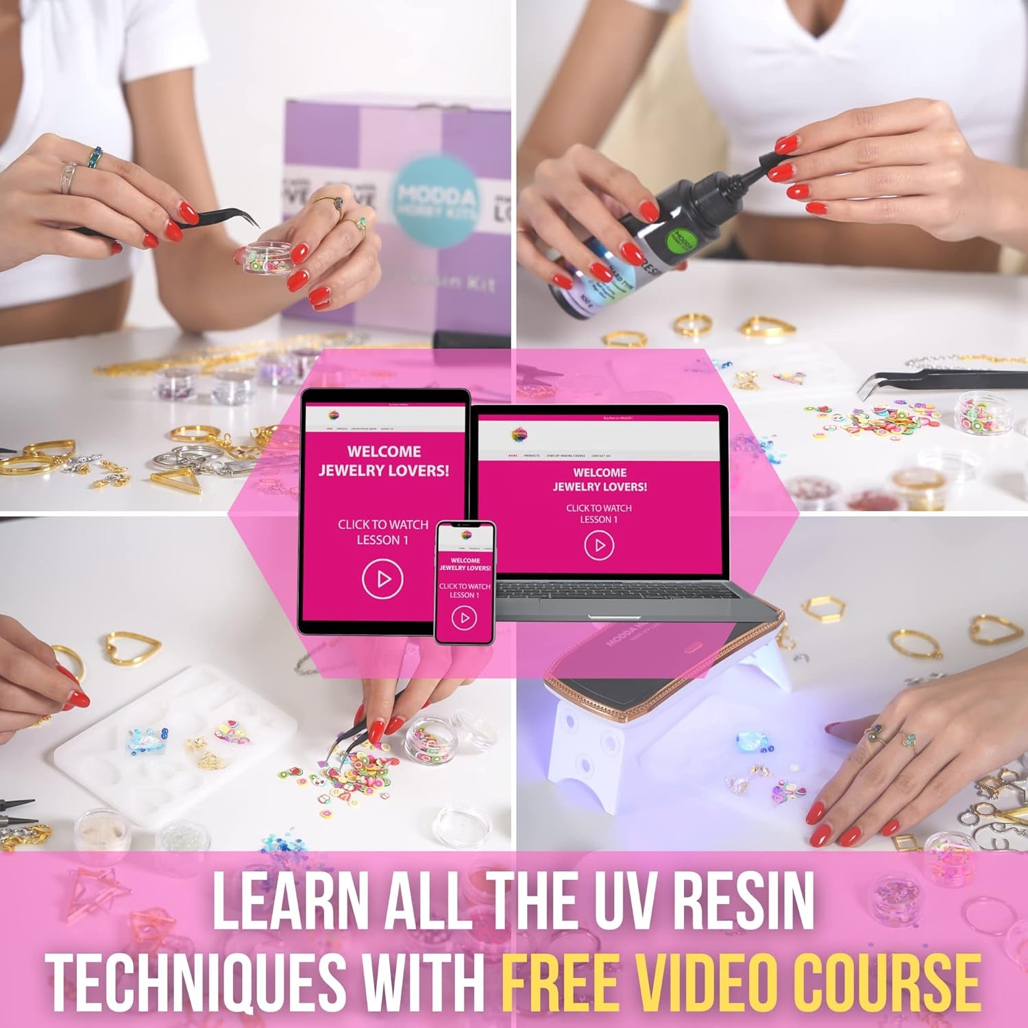 UV Resin Kit with Video Course, Resin Jewelry Making Kit for Adults, Teen Girls, Beginners, Includes UV Resin, UV Lamp, Resin Glitters, Foil Flakes, Silicone Molds for DIY Arts and Crafts