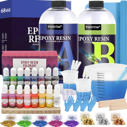 68OZ Crystal Clear Epoxy Resin Kit, High-Glossy& No Bubbles, Art & Casting Resin with 16 Epoxy Resin Pigment, Foil Flakes, Sequin,Craft Clear Resin for Art Crafts, Jewelry, Molds