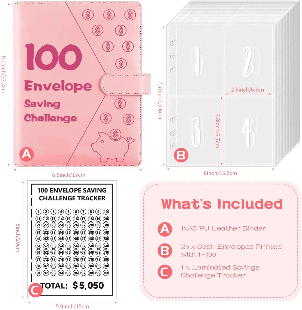 100 Envelopes Money Saving Challenge Binder, A5 Budget Binder with Cash Envelopes, Savings Challenges Budget Book to save $5,050, Budget Planner for Budgeting Planner Saving Money,Pink