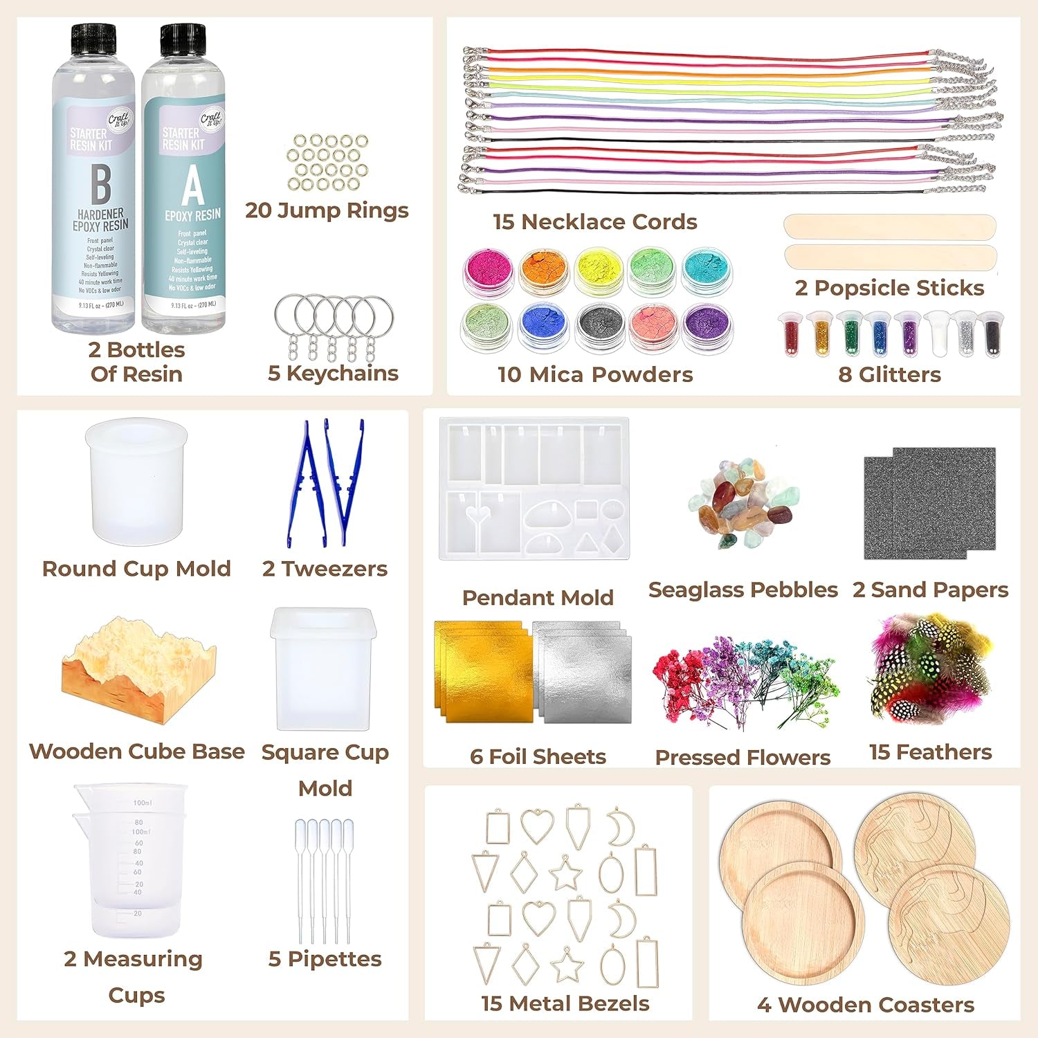 Epoxy Resin Kit for Beginners - Jewerly Making Kit for Kids and Adults - All in One Craft Set with Molds, Charms, Dyes, Dry Flowers & Other - DIY Gift for Girls Boys Childen Adults