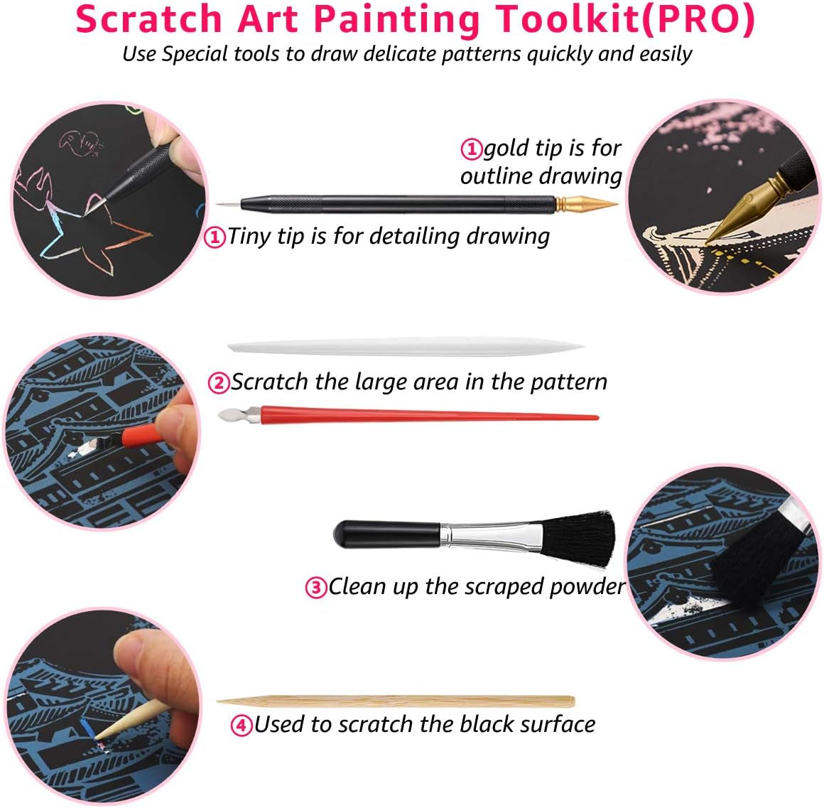 Scratch Art Tools, 9 Pcs Scratching Drawing Tools Set: Artist Glove, Tools Bag, Scratch Coloring Pens, Plastic and Wooden Stylus, Scraper, Repair Pen, Clean Brush for Adults & Kids Painting Paper