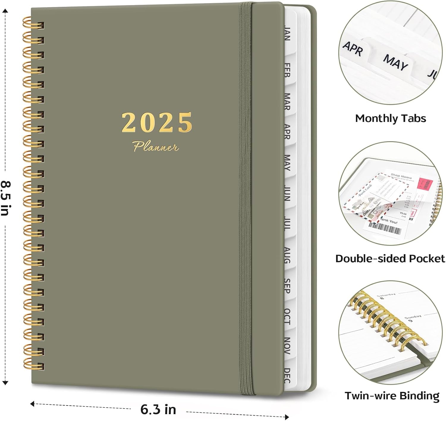 2025 Planner Weekly and Monthly, Jan 2025 - Dec 2025, Hardcover 2025 Calendar Planner Book with Monthly Tabs, Inner Pocket, Aesthetic Planner 2025 for Office Home School Planning - A5 (6.3" X 8.5"), Spiral Bound, Green