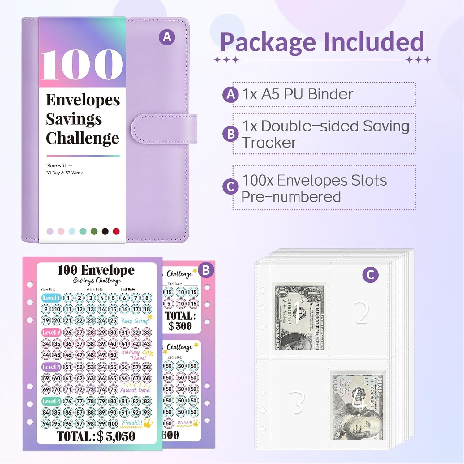 100 Envelopes Money Saving Challenge, Savings Challenges Book with Envelopes, Flexible Saving $5050, $2600, $300, Savings Binder with 100 Pocket Pre-Number & Reusable Laminated Tracker