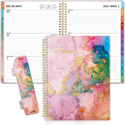 2025 Weekly and Monthly Planner - from January 2025 - December 2025, 8.5"X11" Daily Agenda Planner with Monthly Tab, Flexible Cover, Note Pages, Pockets, Bookmark, Spiral Binding, Marble