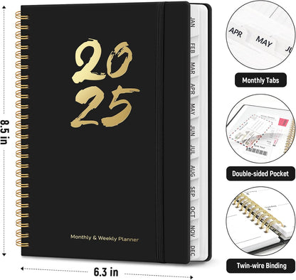 2025 Planner, Weekly and Monthly Calendar Planner Book (Jan 2025 - Dec 2025), Hardcover Planner 2025 with Tabs, Inner Pocket, Ideal Office Home School Supplies - A5 (6.3" X 8.5"), Spiral Bound, Black