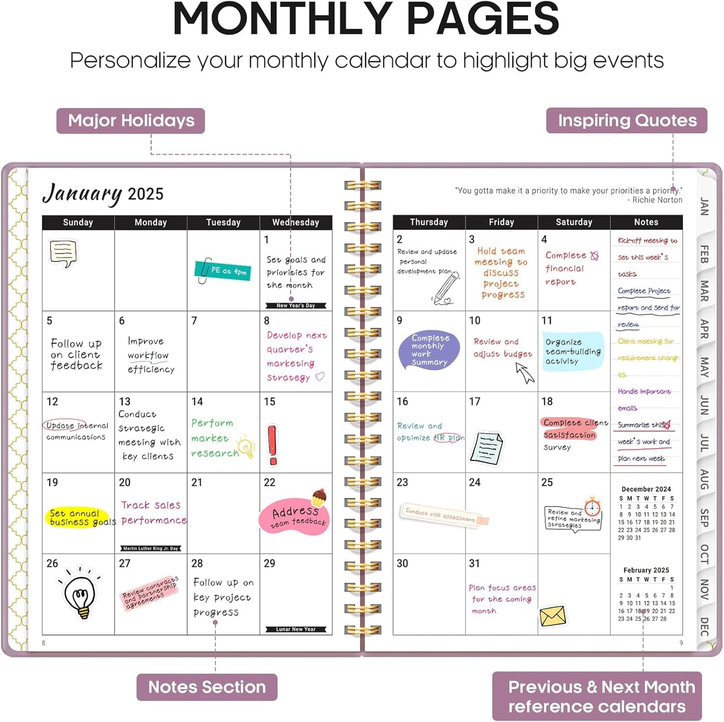 2025 Planner, Weekly and Monthly Planner Spiral Bound, Jan 2025 - Dec 2025, Hardcover 2025 Calendar Planner Book with Tabs, Inner Pocket, Perfect for Office Home School Supplies - A5 (6.3" X 8.5"), Purple