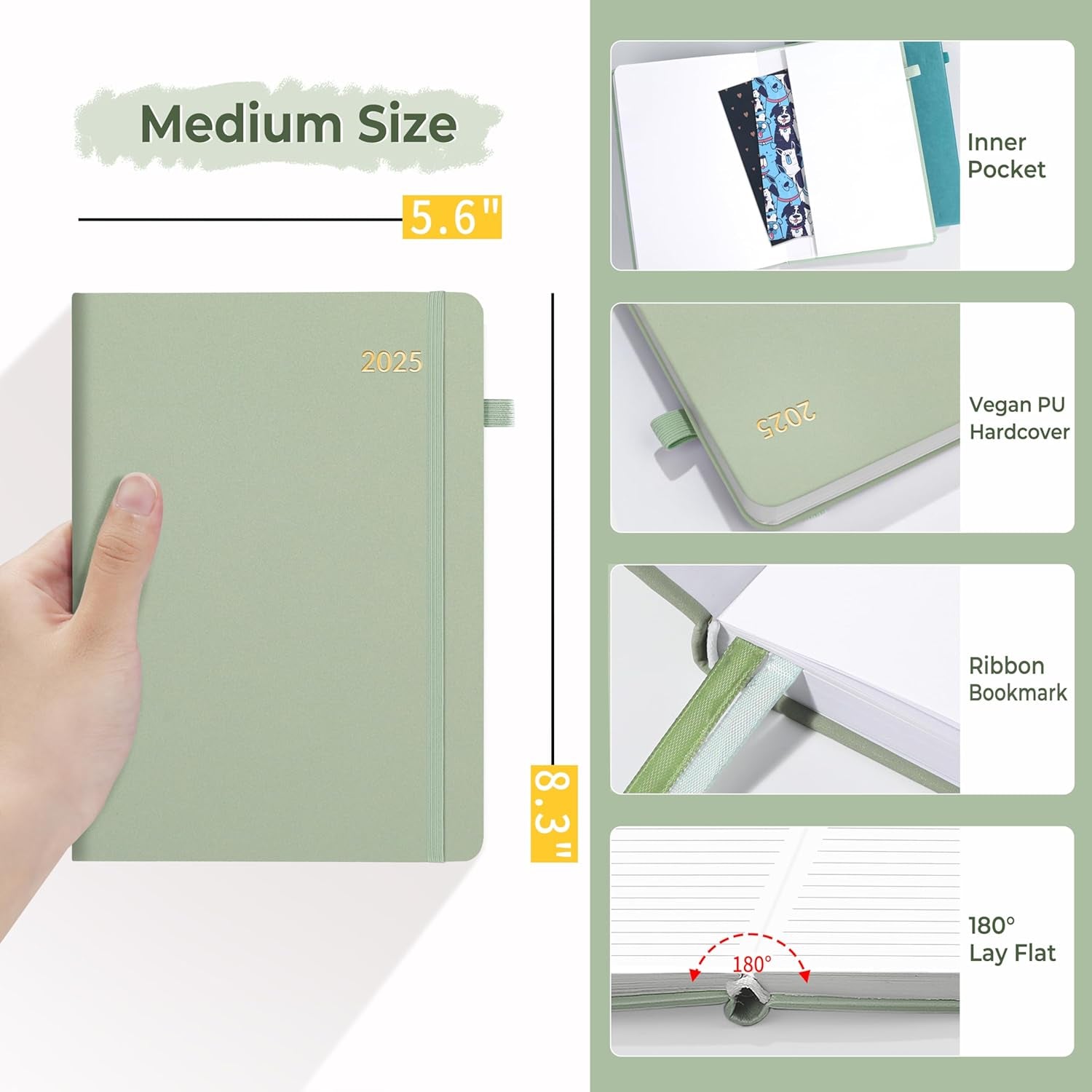 2025 Weekly & Monthly Hardcover Planner 5.5" X 8.3" - 12 Month (January 2025 - December 2025), Small Hardcover Planner, Pocket, Notes, 100 GSM Paper, Sage Green