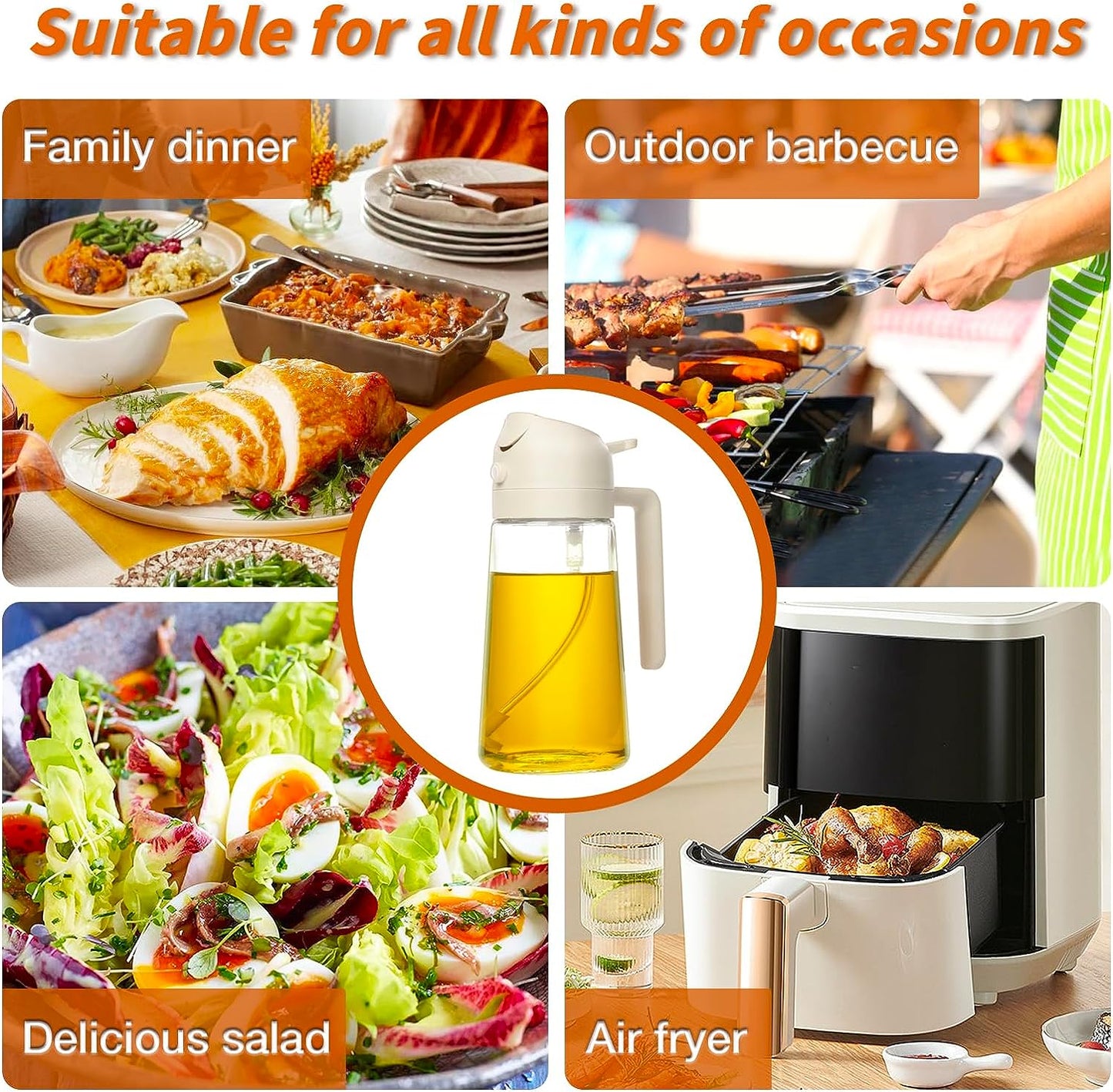 Oil Sprayer for Cooking, 2 in 1 Olive Oil Dispenser Bottle for Kitchen, 16Oz/470Ml Premium Glass Oil Bottle, Food-Grade Oil Mister for Air Fryer, Salad, Frying, BBQ (Creamy White)