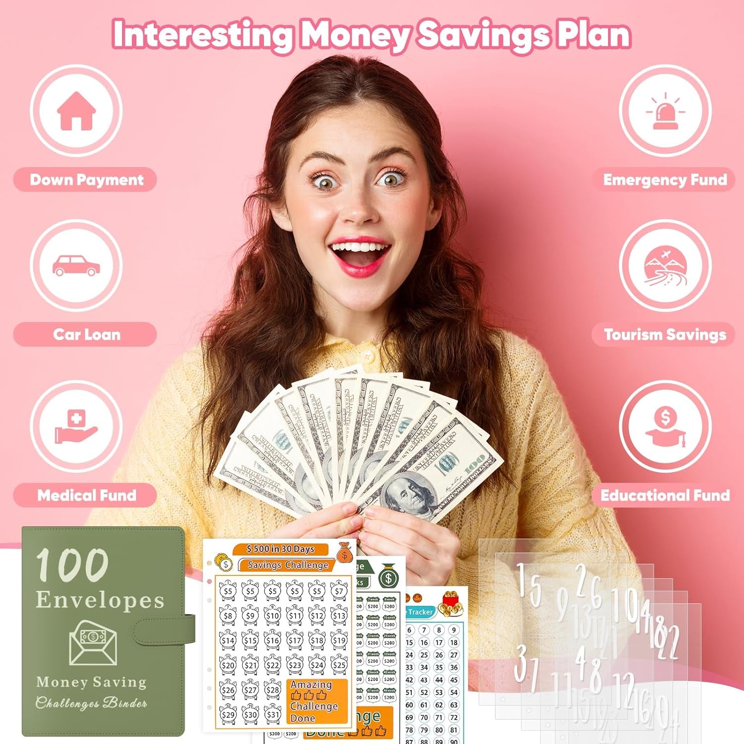 100 Envelopes Money Saving Challenge, A5 Budget Binder with Cash Envelopes & 3 Budgeting Planner Trackers to save $5,050, 10,400, 500, Money Savings Challenge Book for Organizer, Olivegreen