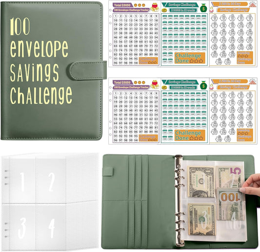 100 Envelopes Money Saving Challenge Binder, A5 Money Saving Challenge Book with Cash Envelopes, Savings Challenges Budget Book Binder to save $5,050 (Green)