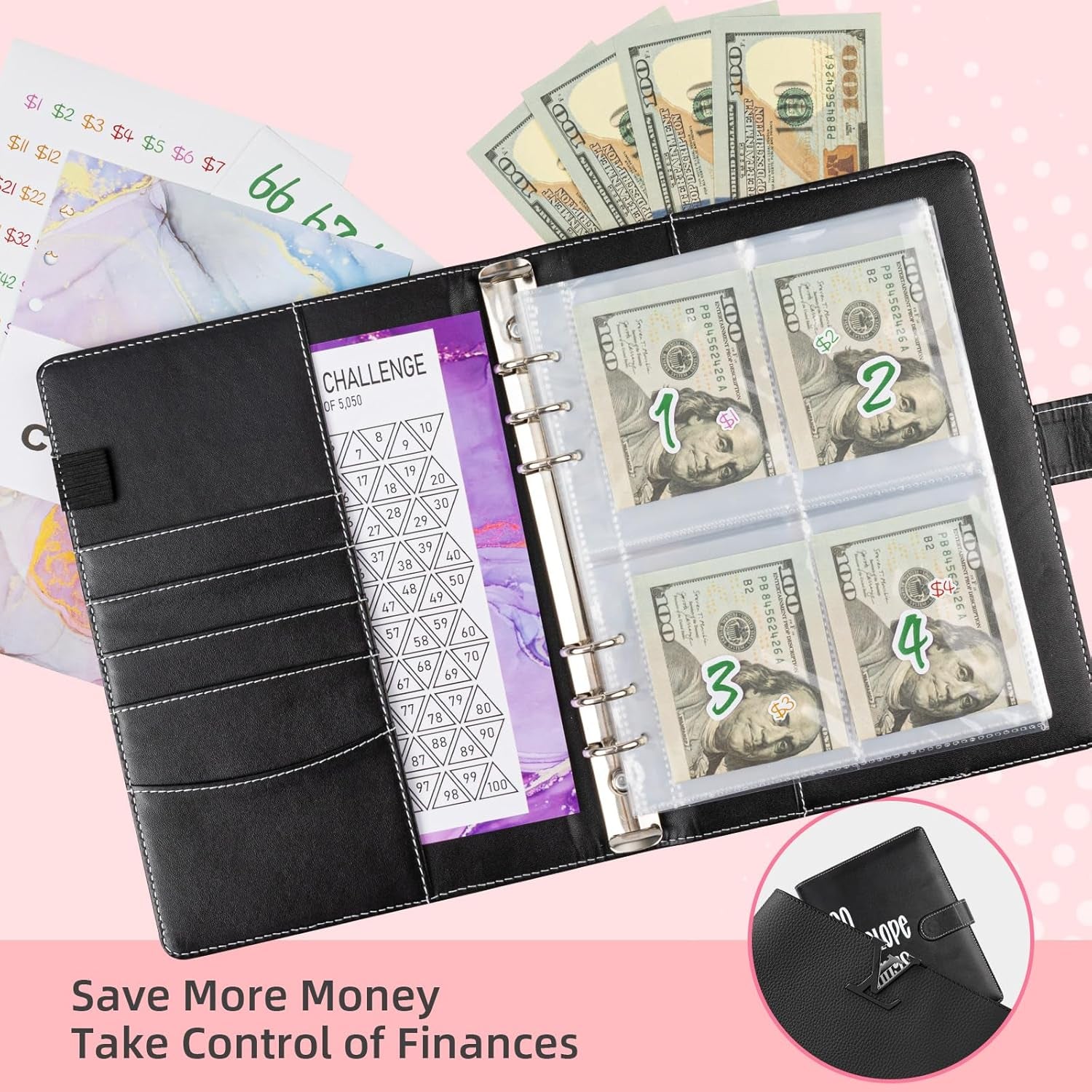 100 Envelopes Money Saving Challenge Binder,  A5 Money Saving Challenges Book, Savings Binder Budget Binder with Cash Envelopes to save $5050 (Black)