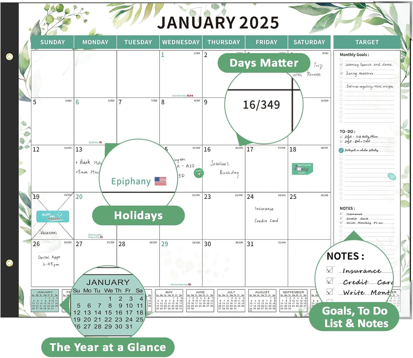 Desk Calendar 2025-2026 Large 22"X17" Monthly Planner Pad with Plastic Cover 18 Months Green Leaves