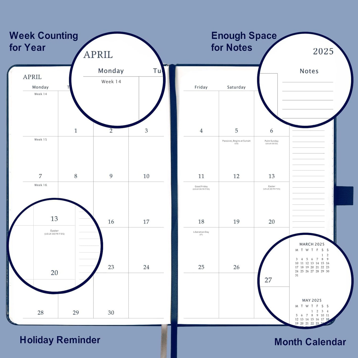 2025 Planner - Weekly & Monthly Planner 2025, Jan. 2025 - Dec. 2025, 5.12"X 8.25", Faux Leather Cover, Pen Loop, Elastic Band, Inner Pocket, Bookmarks, Note Pages, Perfect Organizer