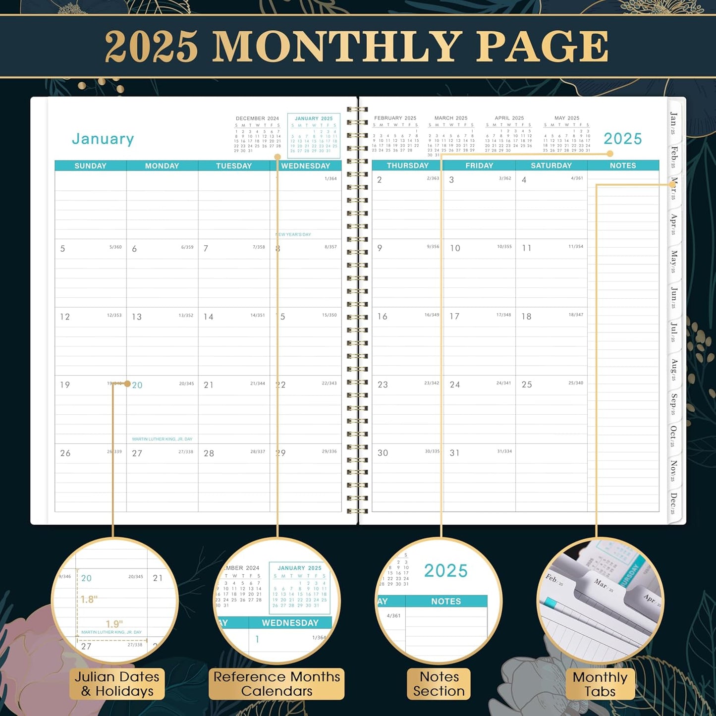 2025 Monthly Planner - Monthly Planner/Calendar 2025, Jan 2025 - Dec 2025, 9‘’ X 11'', Monthly Tabs, Double-Sided Pockets, Twin-Wire Biding, Holidays, Notes Pages, Julian Dates