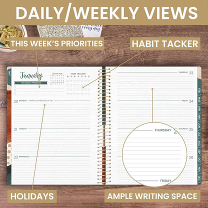 2025 (8.5" X 11") Calendar Year Day Planner (January 2025 - December 2025) - Weekly/Monthly Dated Agenda Organizer with Stickers & Tabs - Earthy Abstract, Green